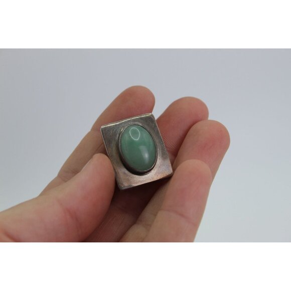 Taxco Sterling Silver Earrings, Green Stone Cabochons, Modernish Square, Clip On - Picture 9 of 11